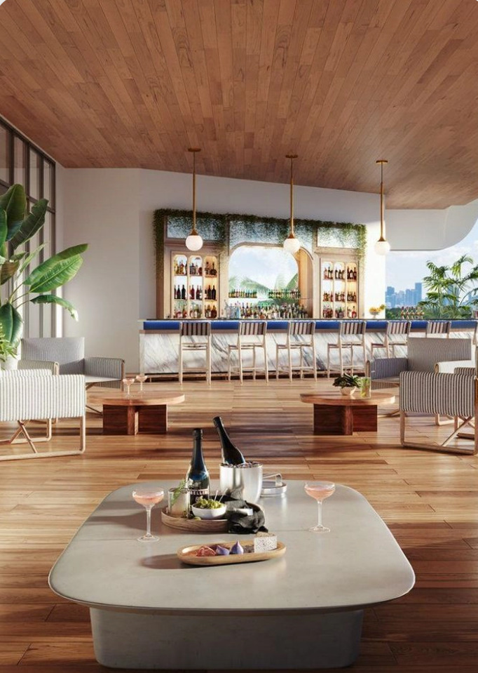 rooftop bar with panoramic skyline view and wine setup